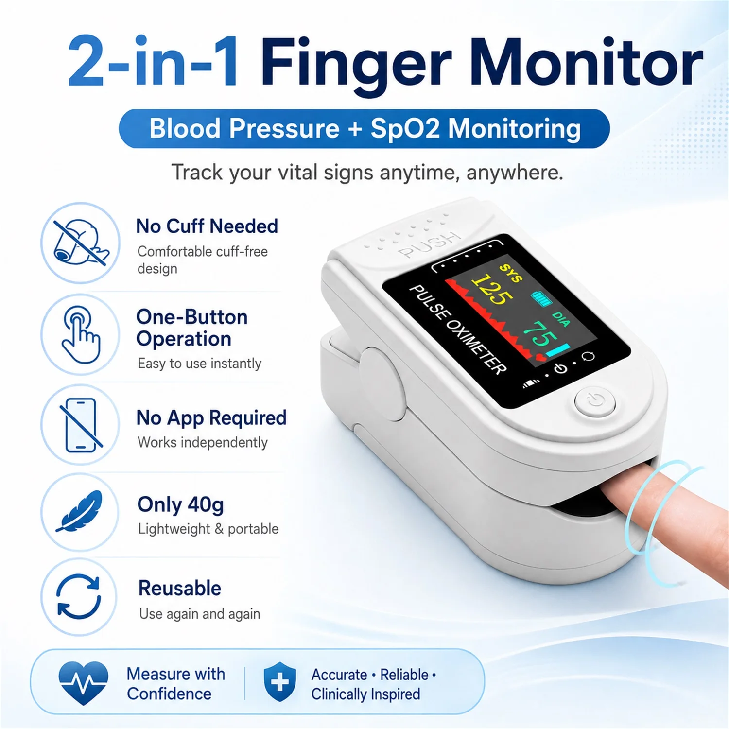 2 In 1 Heart Rate Blood Pressure and Blood Oxygen Monitoring Digital Finger Sphygmomanometer Tonometer with Finger Pulse Oximete