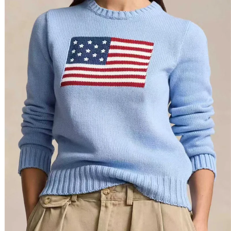 

2025 Новый женский свитер с вышивкой в виде звезды, вязаный топ большого размера в корейском стиле, пуловер с круглым вырезом и длинными рукавами