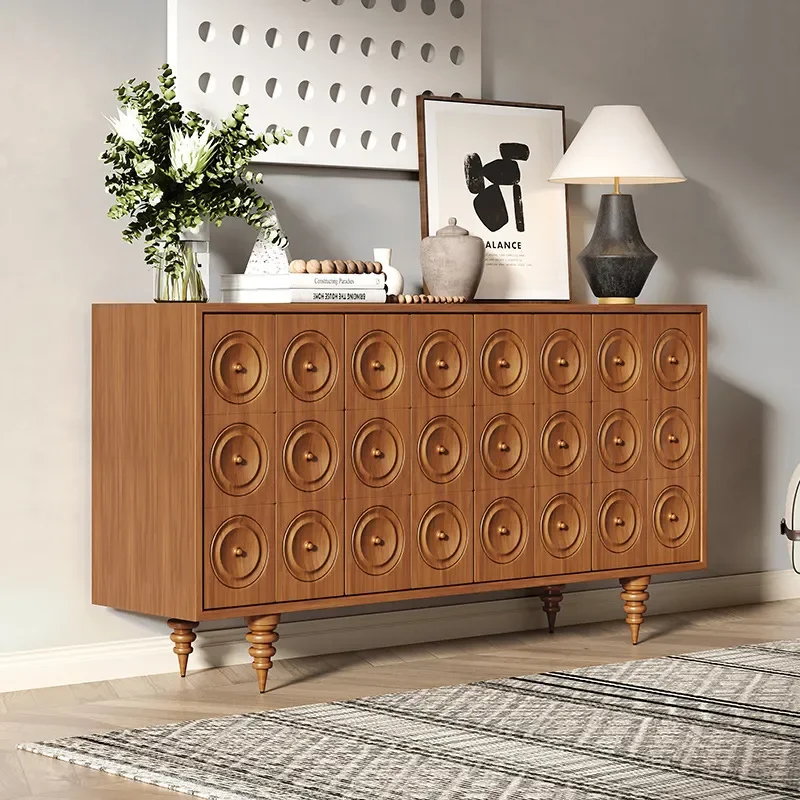 for North American Medieval Retro Style Solid Wood Carving Dining Side Cabinet Storage Tea Cupboard for Living Room Wall