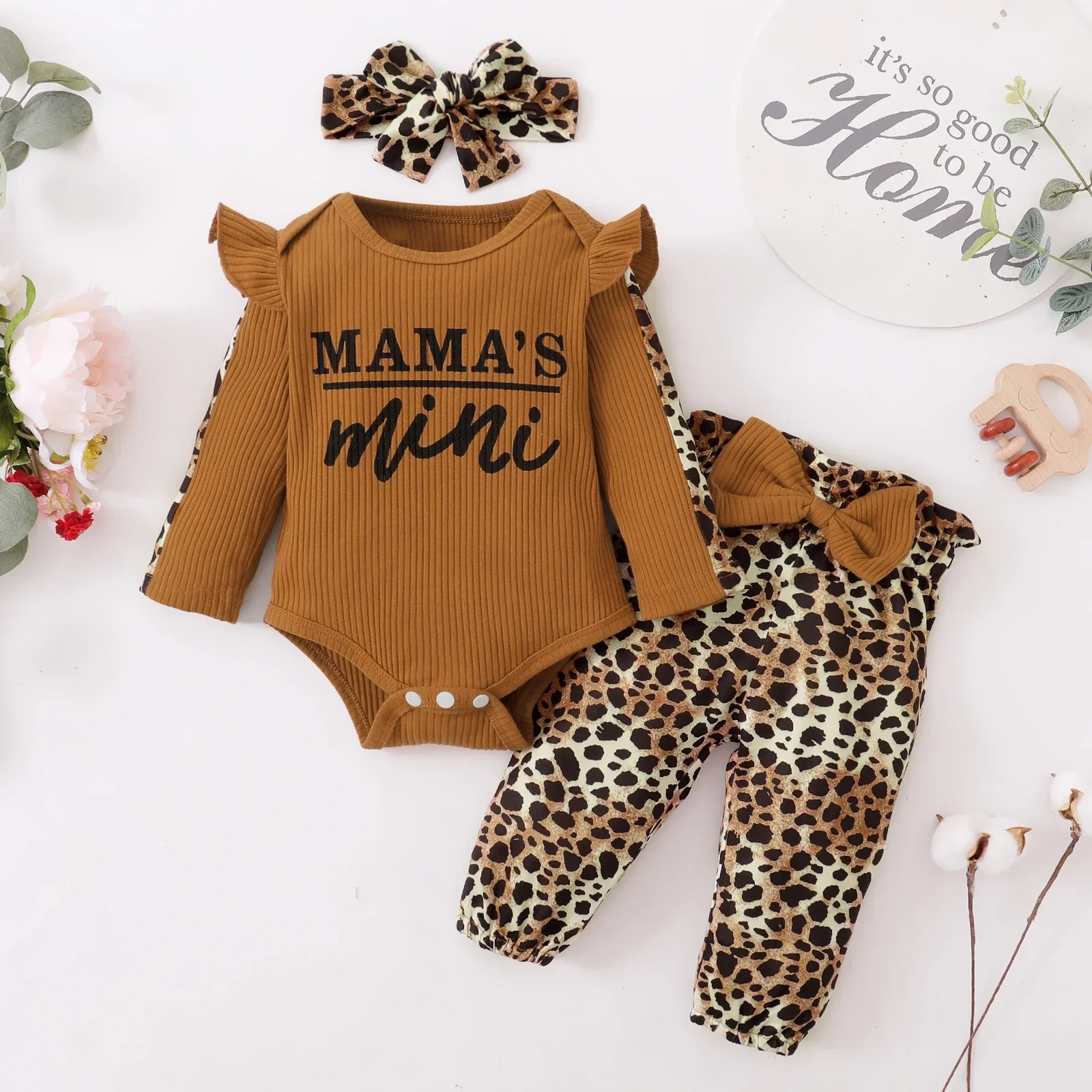 3Pcs Newborn Clothes Baby Girl Clothes Sets Infant Outfit Ruffles Romper Top Bow Leopard Pants New Born Toddler Clothing