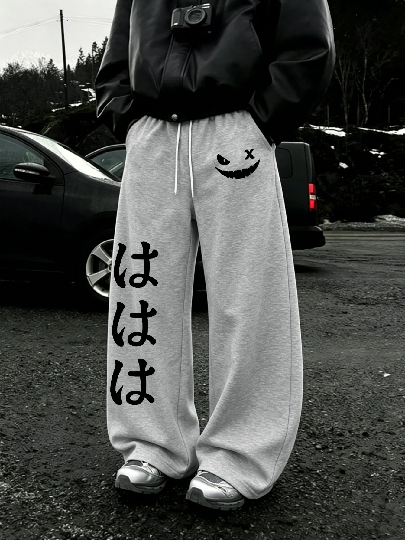 Men Baggy Sweatpants, Vintage Dark Grin Face Japanese Text Asymmetrical Double‑Side Print Drawstring Loose Wide Leg Jogger Pants