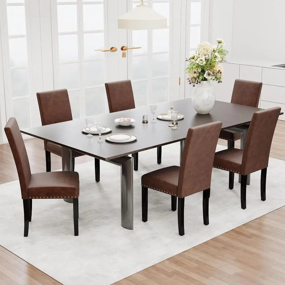 

Set of 6 Vintage-Style Upholstered PU Leather Dining Chairs with Copper Nail Trim (Brown)