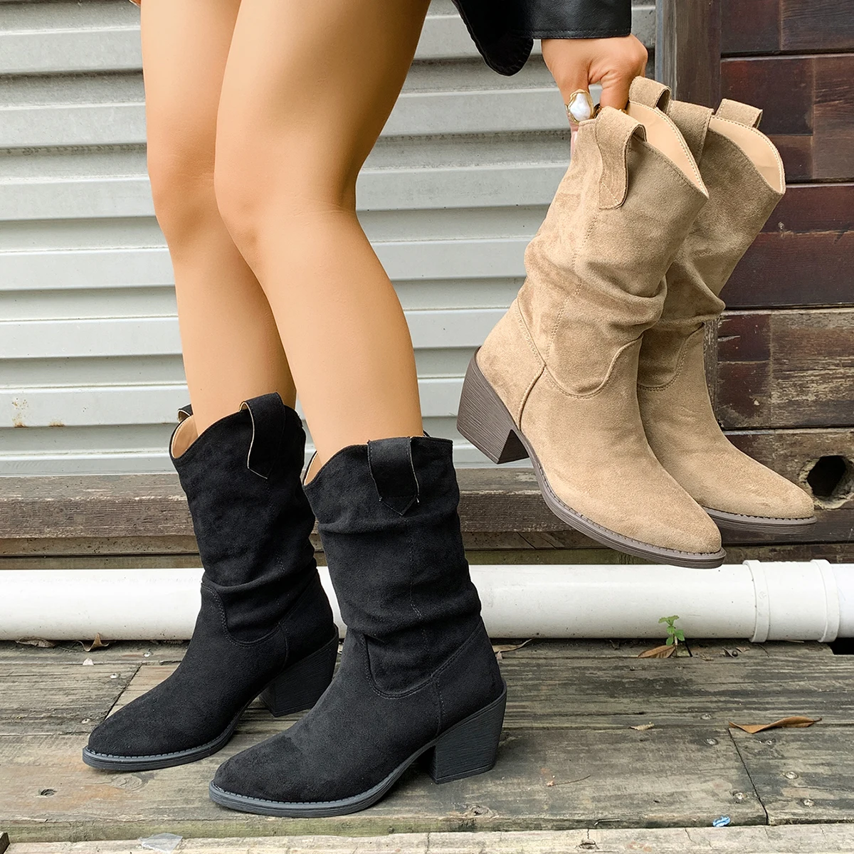 Winter Fashion Women Mid-Calf Boots Chunky-Heel pointed tip Suede Boots Woman High Quality Comfortable Knight Boots large size43