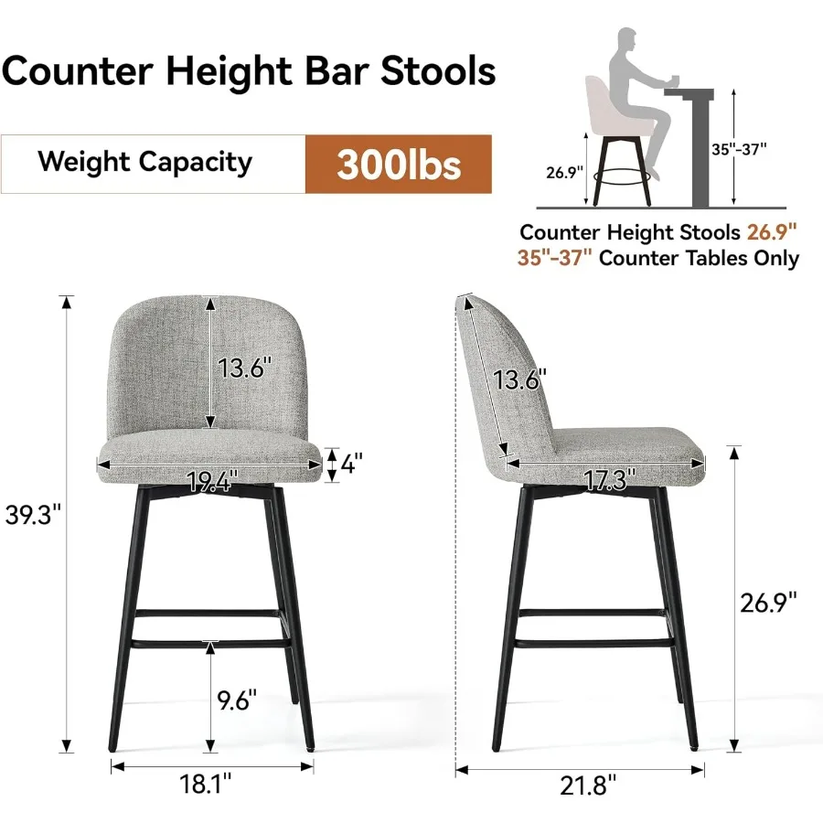 カウンターハイトバースツール2脚セット、シート高さ26.9インチ、回転式、布張りリネンバースツール、背もたれと金属脚付き、キッチン用