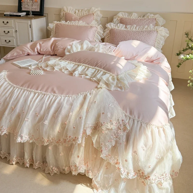 Master Bedroom Princess Style Cotton Bed Cover Four Piece Set French Romantic Lace Duvet Cover Thickened Cotton Bed Sheet