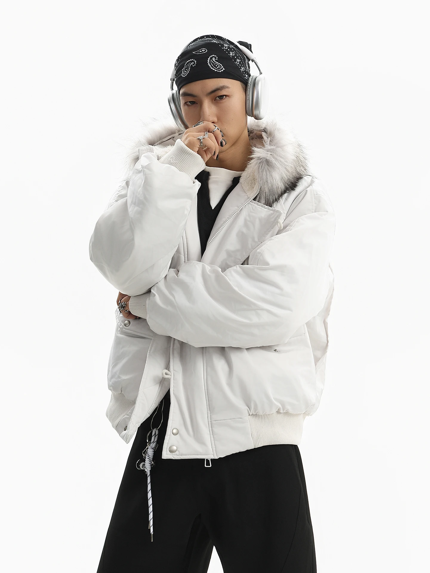 American High Street Pure Color Design Men's Cotton Jacket with Fur Collar Versatile Winter Coat Standard Fit Casual Wear