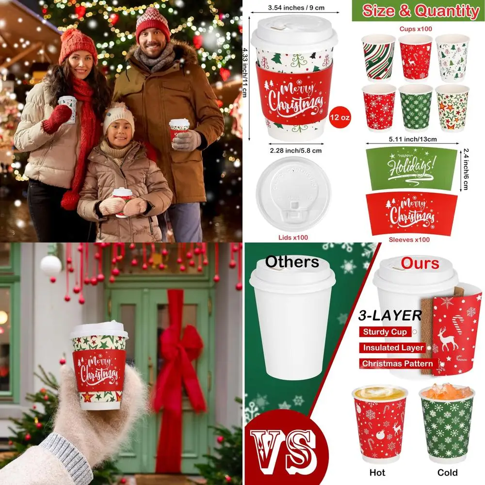 

12 oz Christmas Paper Cups with Dome Lids and Sleeves - Insulated for Hot and Cold Beverages, Perfect for Xmas Parties