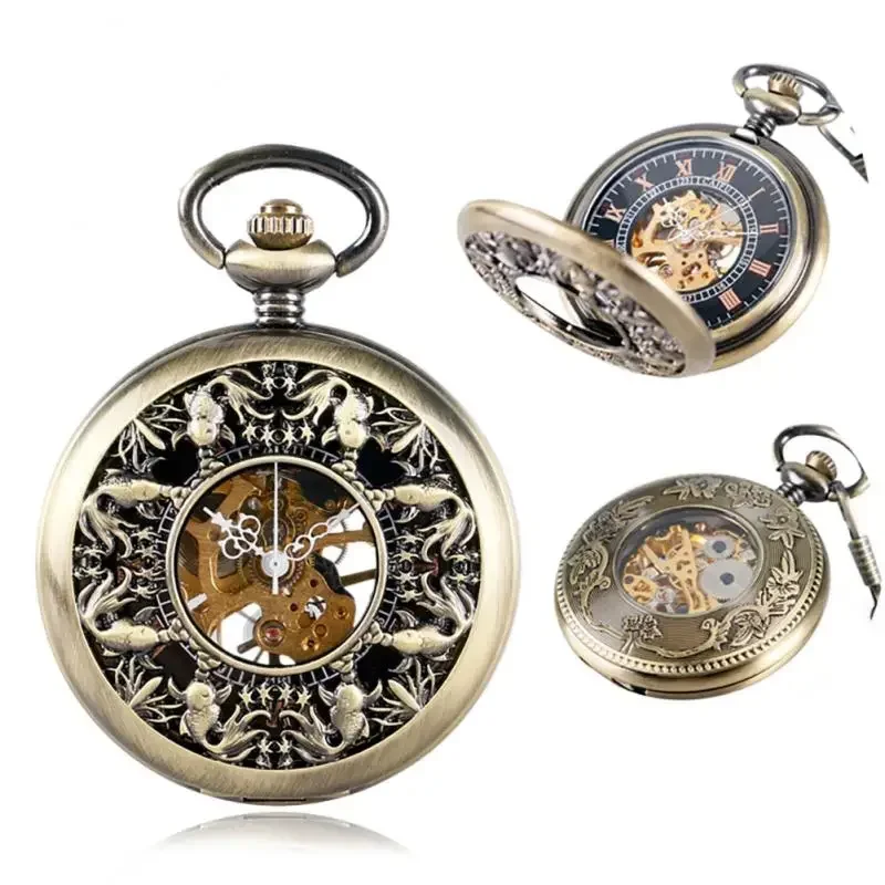 Antique Bronze Hollow Fish Steampunk Hand-winding Mechanical Pocket Watch Pendant Chain Retro Clock for Women Men Gift