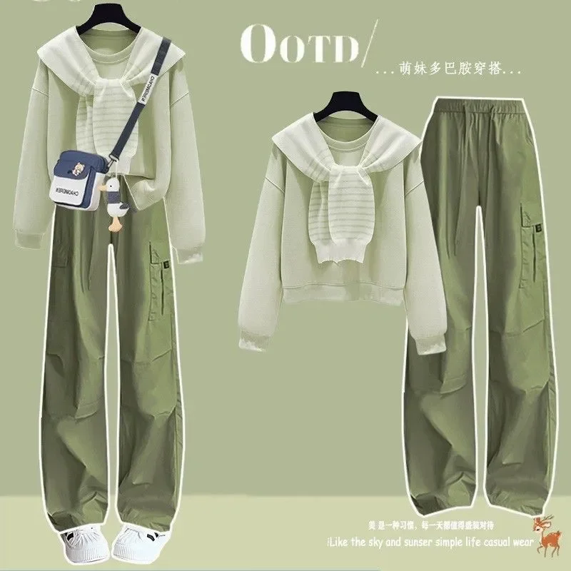 

Нежный корейский студенческий костюм для девушек: свитшот и брюки, модный универсальный комплект для весны и осени