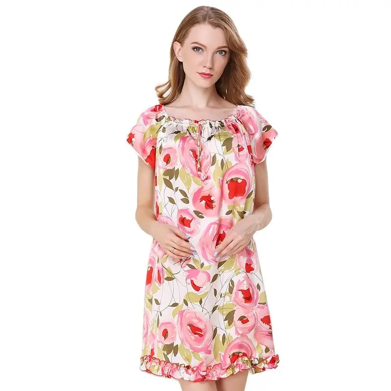 Birdtree 16MM 100%Real Mulberry Silk Nightgown Women Short Sleeve Print Pajama Dress Sleepwear Nightwear New Summer P36722QM