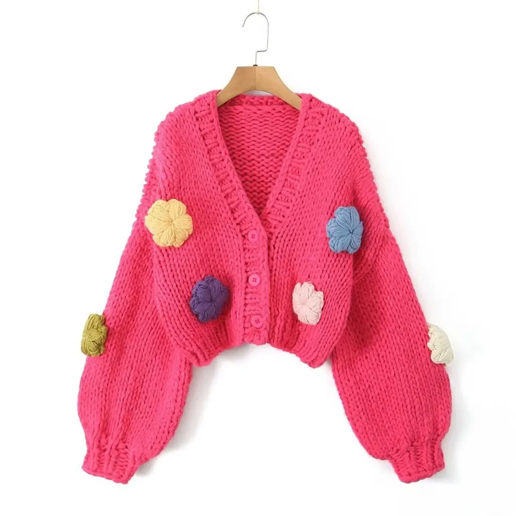 

Women's Handmade Knitted Cardigan 3D Flower Embroidery Lazy Style Loose Short Coat Autumn Winter European American Fashion