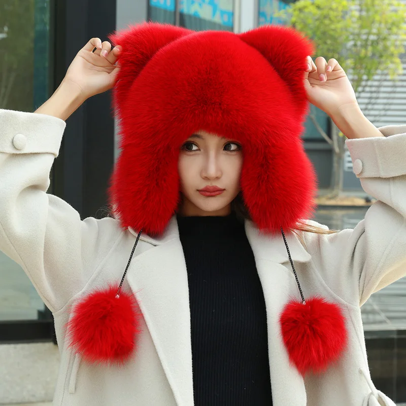 Hot Sale 100% Natural Fox Fur Hat Women Cap Thick Fur Cap Winter Warm Hat Female Fashion For Women Hat With Earmuffs Hat