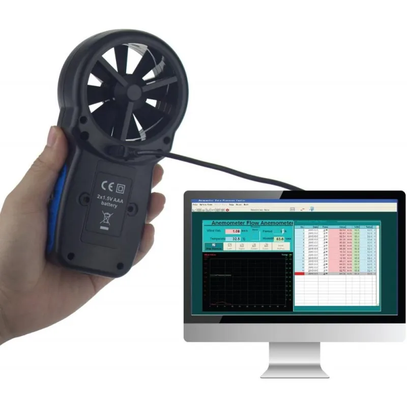 Handheld Anemometer Wind Speed Meter Measures Wind Speed Temperature Data Hold USB Max Data Wind Meter