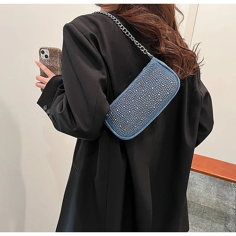 Light Luxury Diamond Denim Texture Chains Underarm Bag High Quality Fashion Small Square Bag Women 2024 New Simple Crossbody Bag