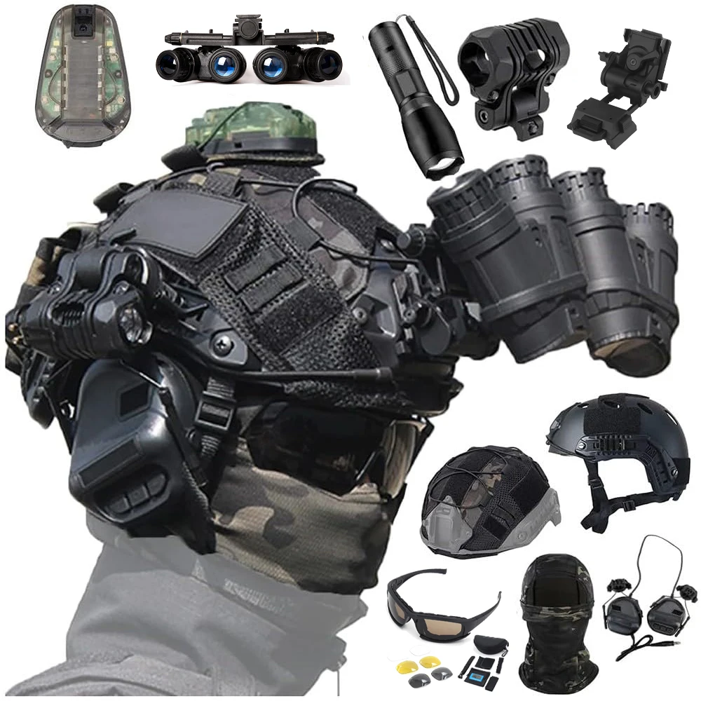 Tactical Airsoft Helmet Set With Headset NVG Model Goggles Flashlight Signal Light Helmet Cloth For Hunting Paintball Shooting