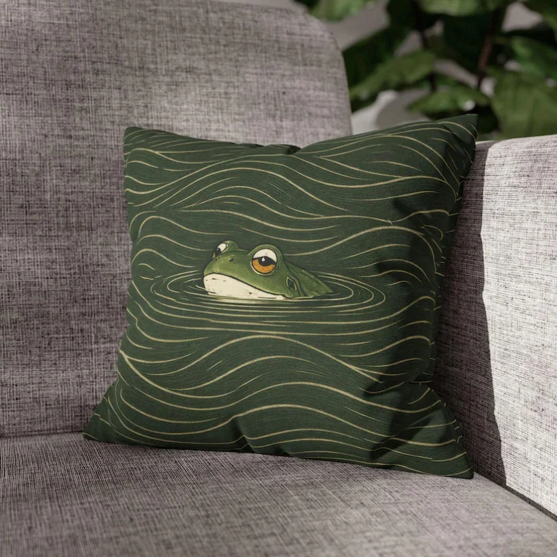 Double Sided Green Frog Japandi Art Soft Throw Pillow Cover for Bed Sofa Home Decor