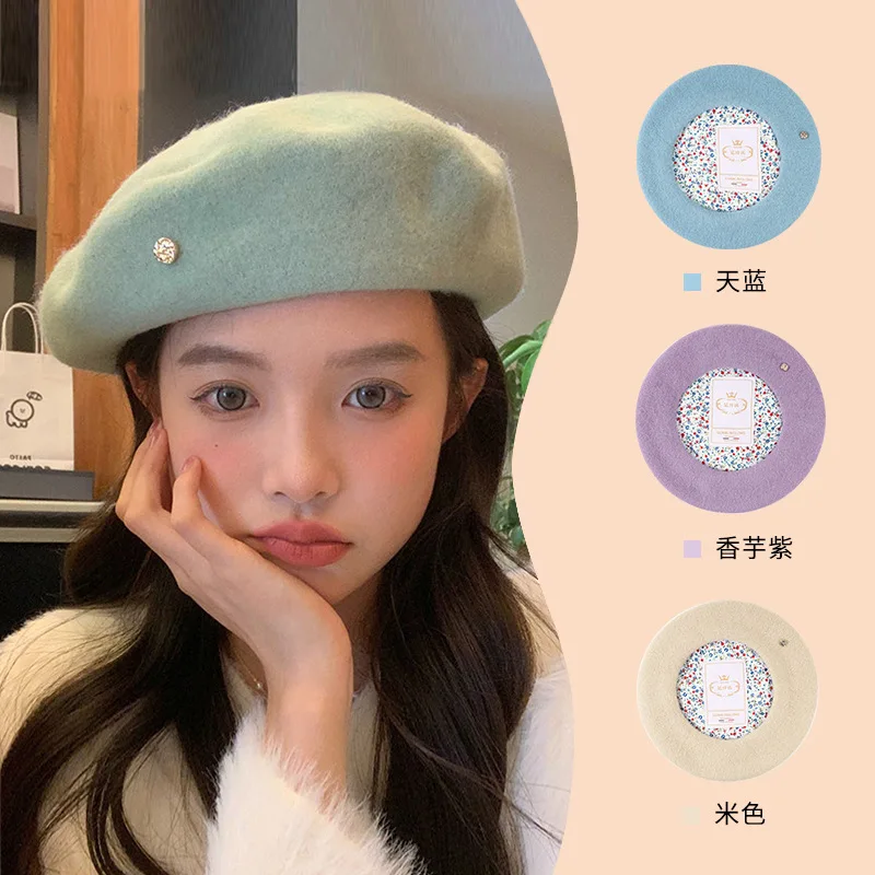 

2024 Winter Hat Wool Beret Japanese Style Floral Lining Hat Women Painter Cap Young Girls