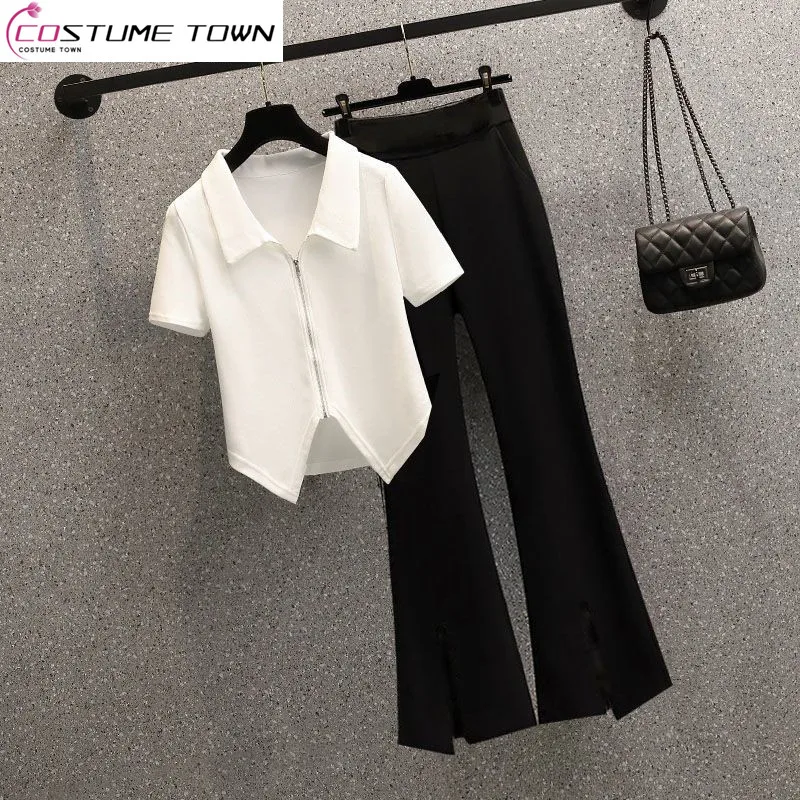 

Fashion Women's Set Spring/Summer New Korean Polo Neck Design Sense Top Slimming Casual Pants Two Piece Set