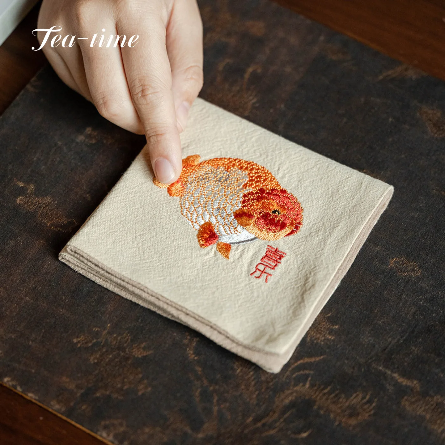 Handmade Embroidered Koi Fish Tea Towels Cotton-Linen Tea Towel Absorbent Napkins Tea Mat Chinese Canvas Ceremony Napkin Vintage