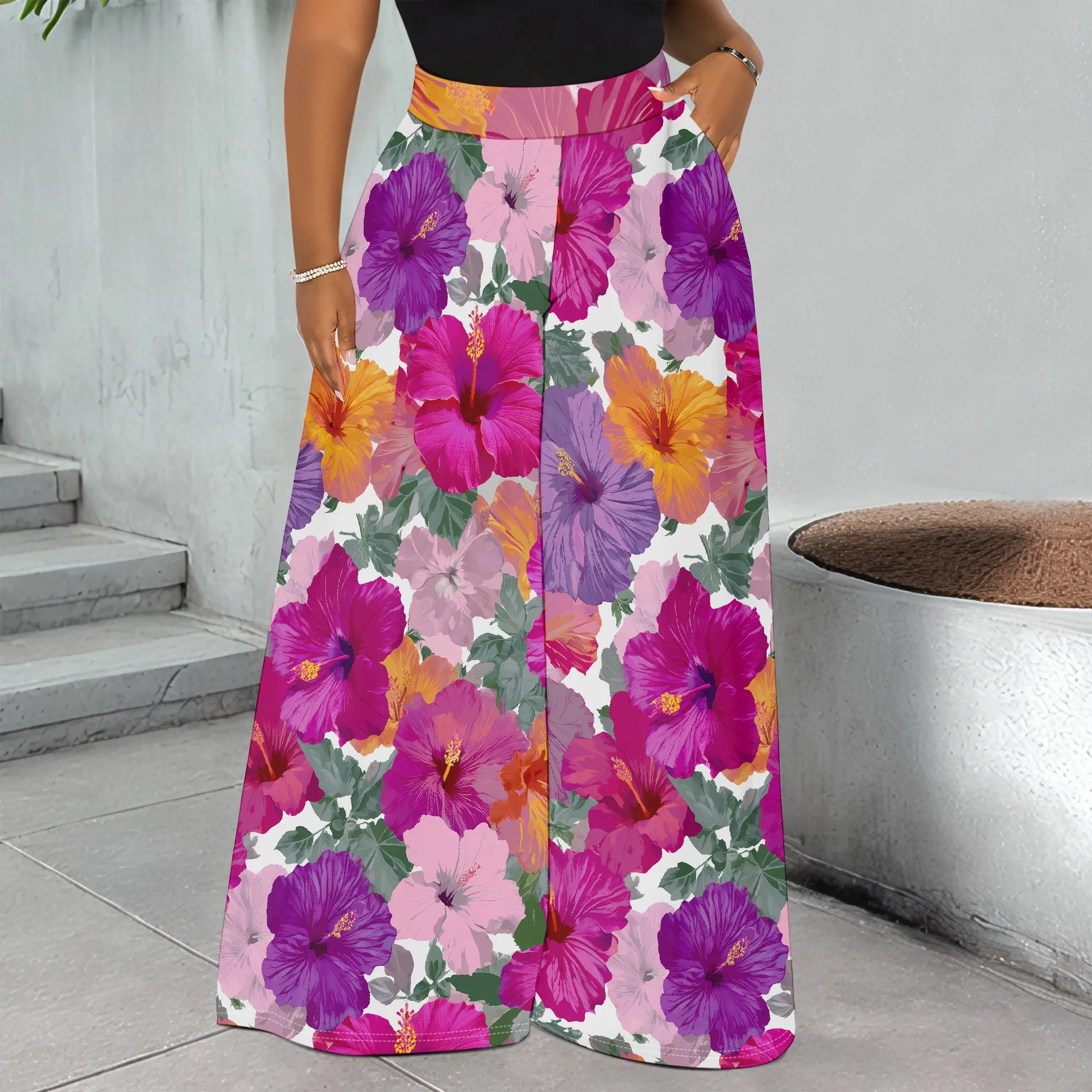 

Floral Print Pocket Pants, Hibiscus Pattern Wide Leg Trousers, Summer Beach Casual Wear, S-2XL