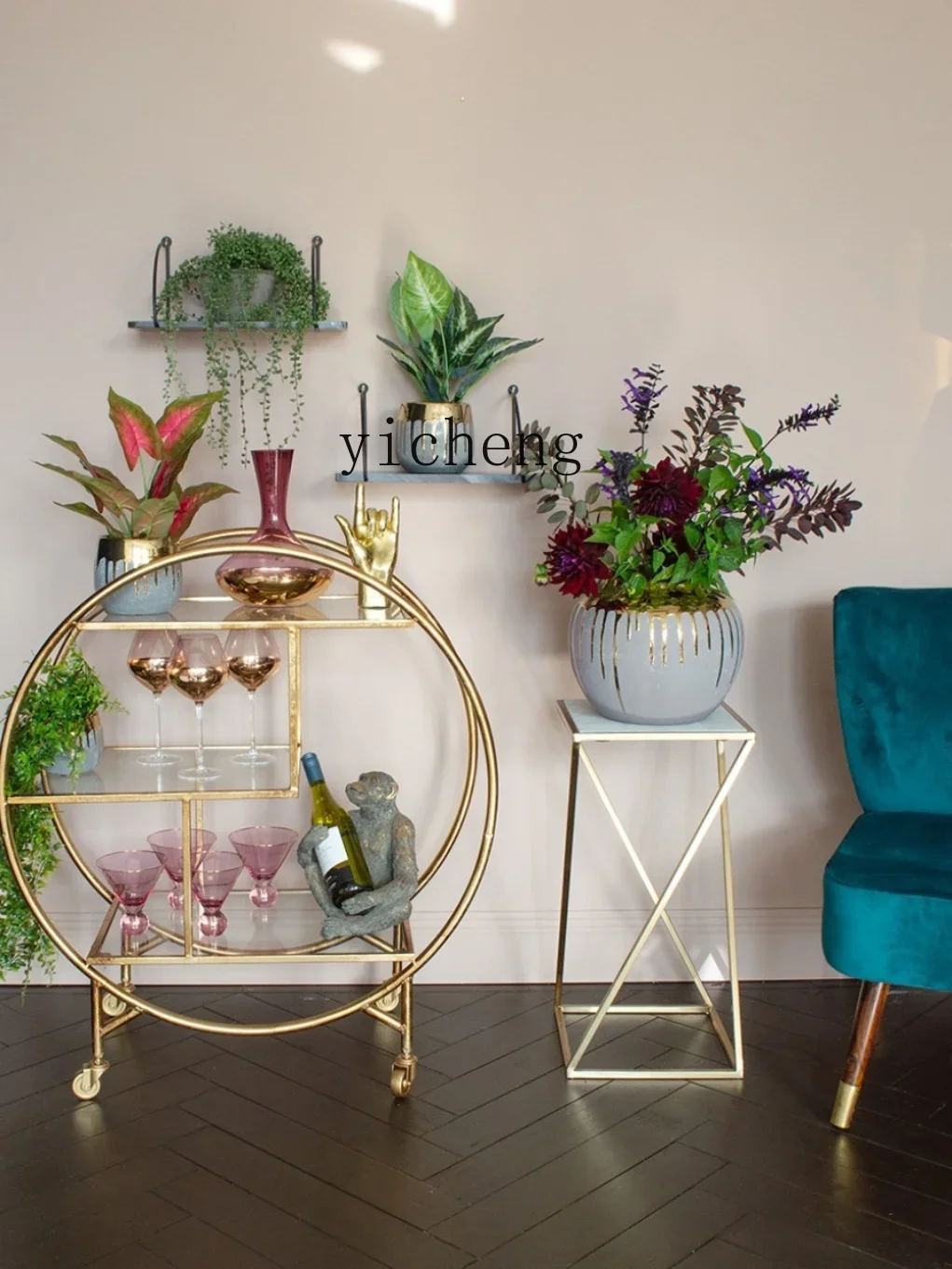 LYY  gold dining cart round trolley living room entrance storage rack with wheels fruit side few