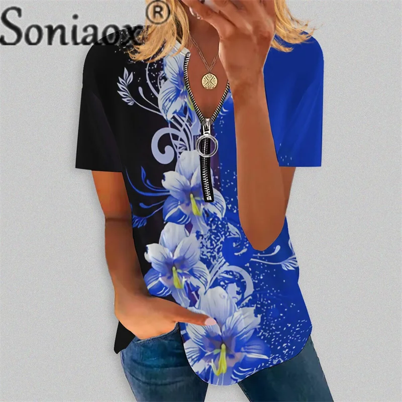 Vintage Print Zipper V Neck T-Shirt Summer Women's Ethnic Style Short Sleeve Tops Female Comfortable Casual Commuter Cotton Tees