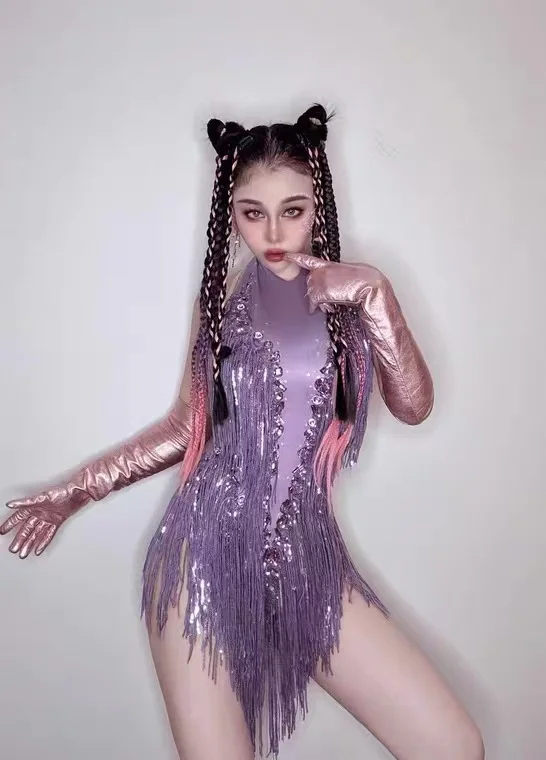 섹시한 나이트클럽 바 여성용 진주 반짝이 태슬 하이 엘라스틱 바디수트 가수 댄스팀 무대 의상 파티 프로모션 생일 의류