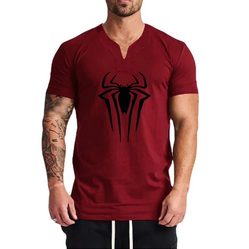 Fashion Spider Print Gym Bodybuilding Tops Casual Sport Short Sleeve Mens Fitness T-shirt Cotton Breathable V-neck Muscle Shirts