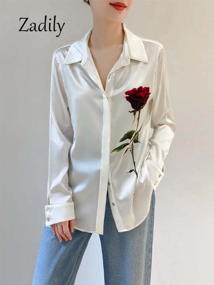 Zadily 2023 Autumn Office Lady Long Sleeve Women Satin White Shirt Vintage Rose Print Button Up Work Blouse Female Clothing Tops