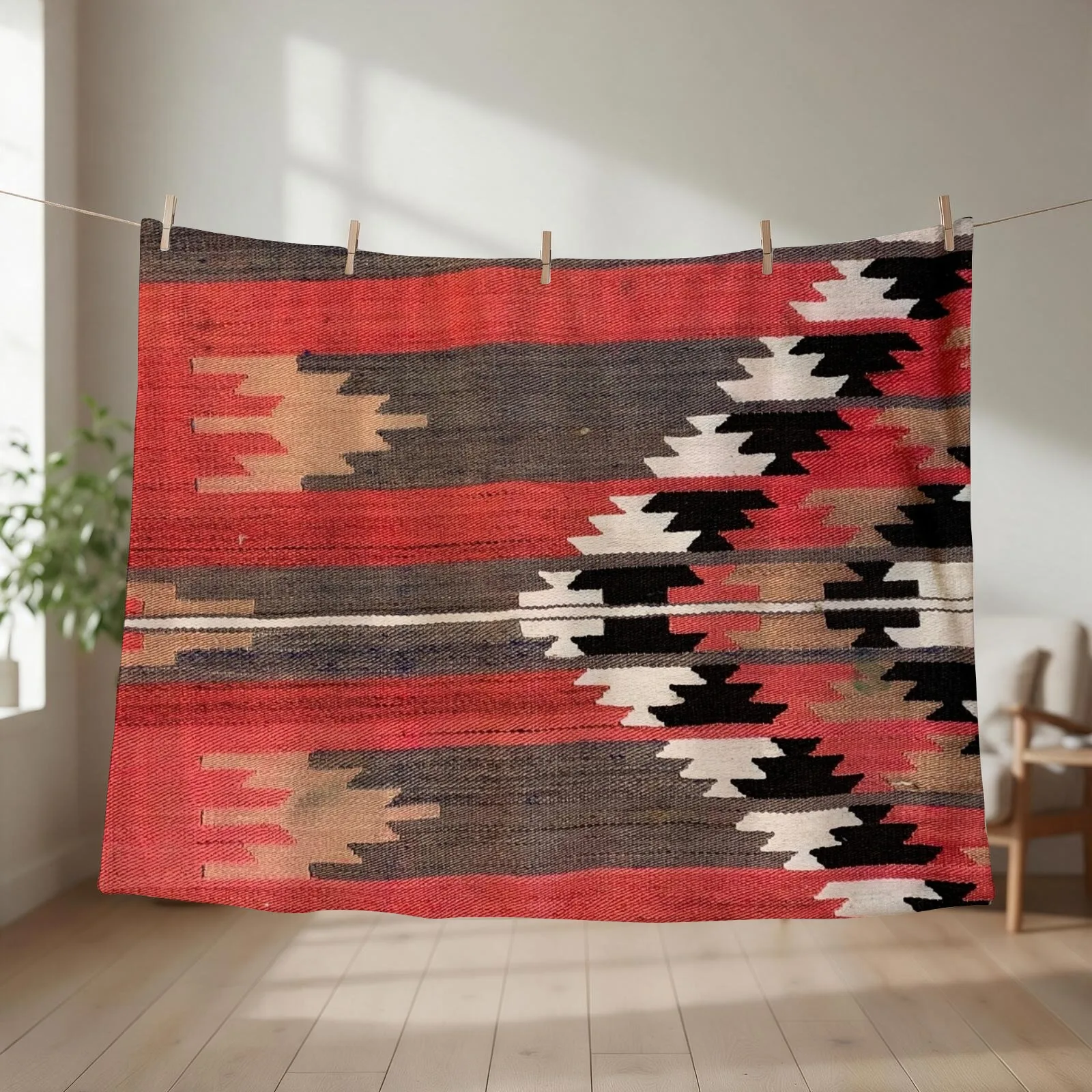 Geometric Vintage Turkish Kilim, Navaho Weave, Woven Aztec Textile, Kelim Throw Blanket