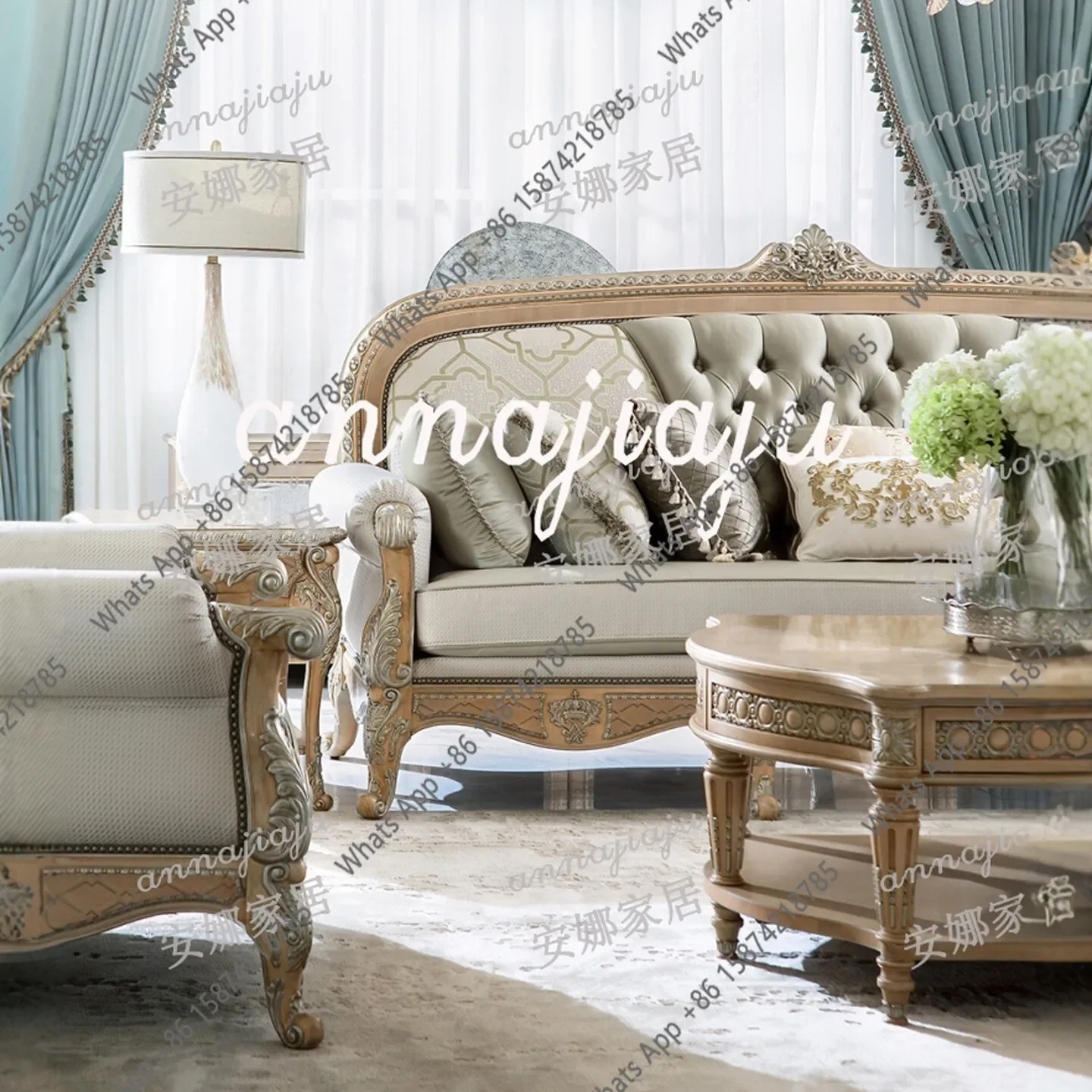 X69 Solid Wood Carving French Court Sofa European Retro Villa Large Flat Sofa