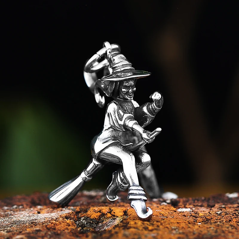 316L Stainless Steel Witch On Broomstick Halloween Charm Pendants For Jewelry Making Magician Pendants Charm Wizard Couple Gift