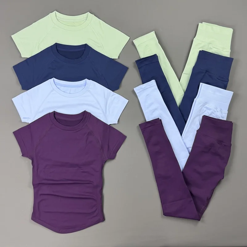 2-teiliges Sportset für Damen Fitnesskleidung Rundhals Nahtloses Kurzarm-Oberteil Po-Formende Gym-Leggings Workout Yoga-Sets