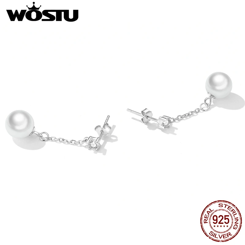 Wostu 925 Sterling Silver Natural 8MM Fresh Water Pearl Long Tassel Stud Earrings For Women Dangle Drop Earring Wedding Jewelry
