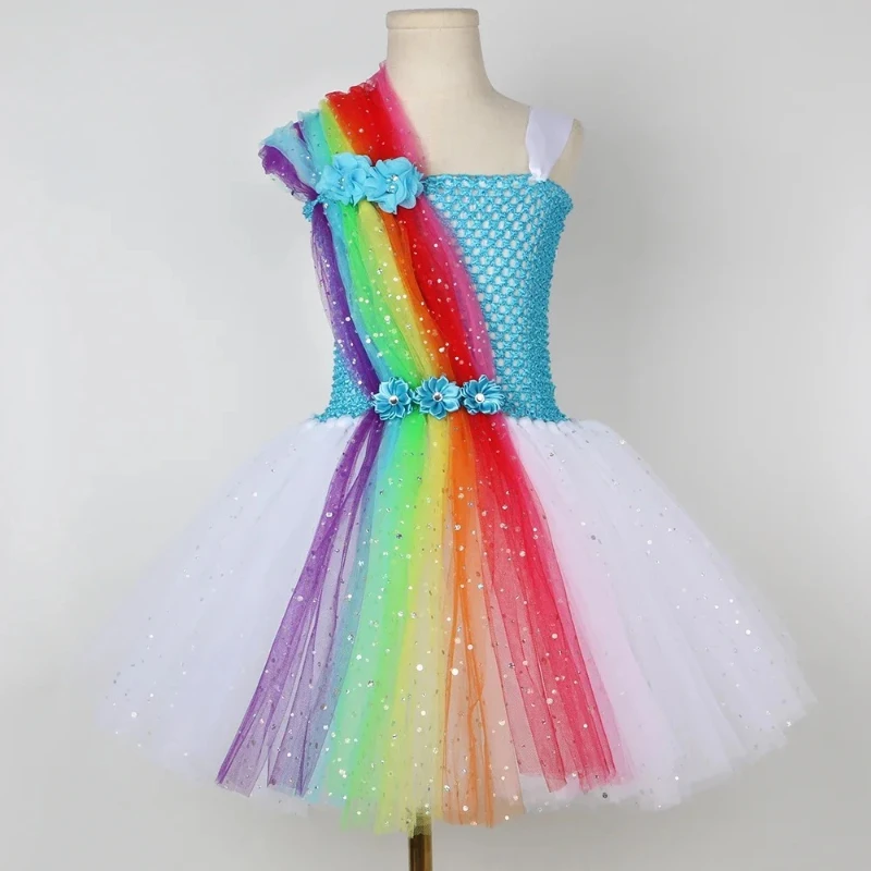 Shiny Clown Themed Girls' Tulle Tutu Dress, Kids Rainbow Clothes for Carnival, Tulle Performance Outfit for Birthday Parties