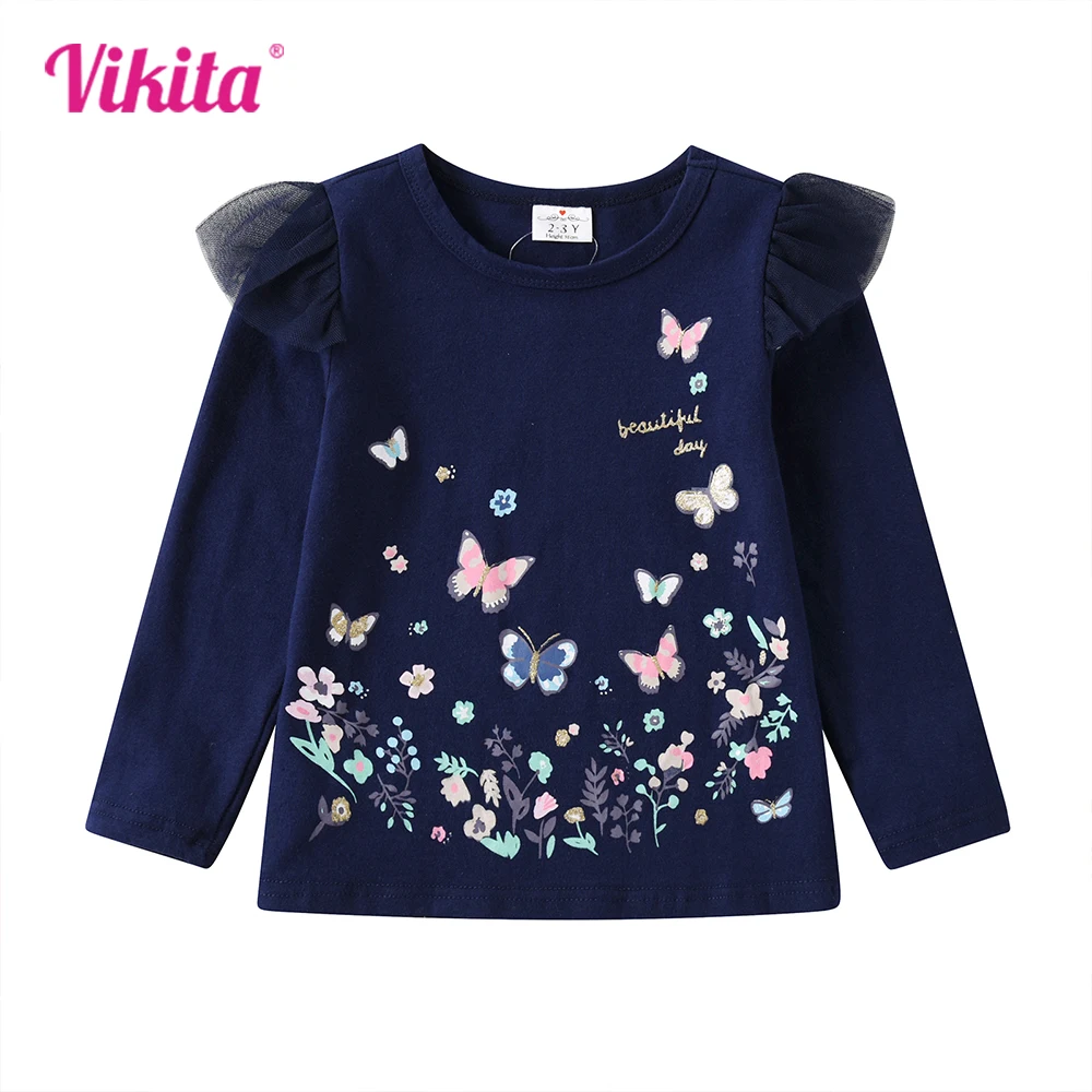 VIKITA Girls Autumn Spring Flare Sleeve T Shirt Kids Butterfly Floral Print Cartoon Tees Girls Cotton Casual Navy Blue Tops