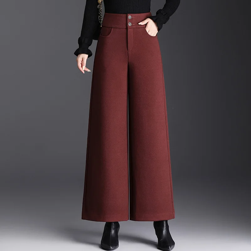 ZUZK Fashion New Woolen Wide Leg Pants Winter Warm High Waist Causal Straight Long Pants 3 Colors