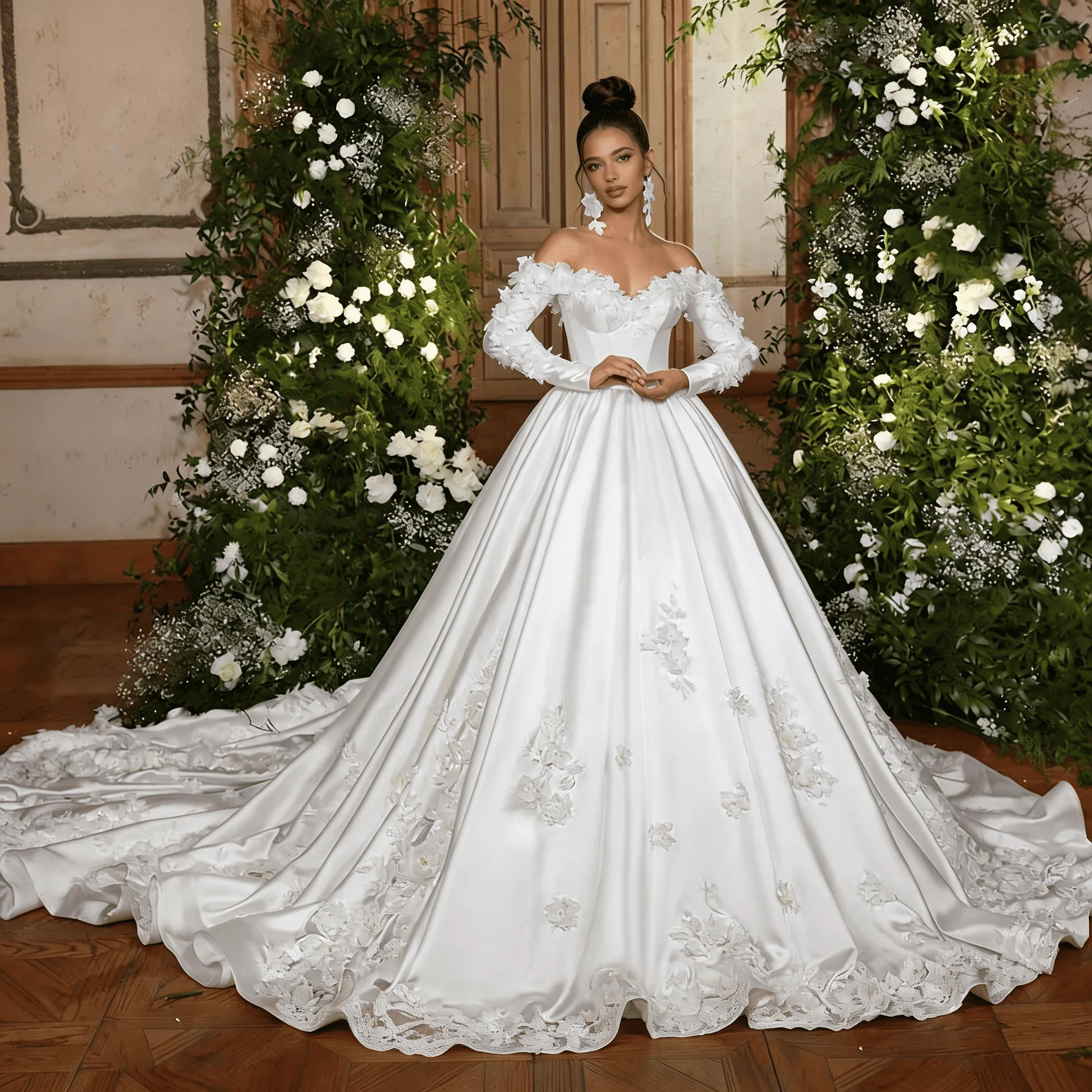 

Elegant Ball Gown Wedding Dress Off Shoulder Long Sleeve 3D Flowers Chapel Train Bride Dress Vestidos De Novia Customized