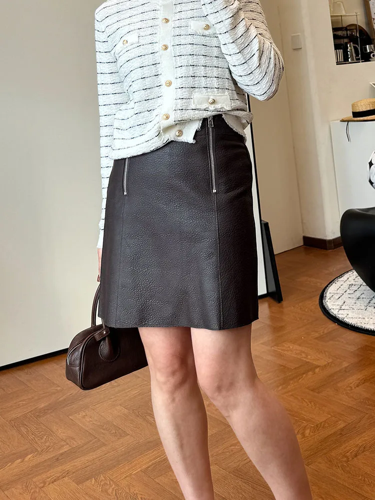 

Кожаная юбка из овчины, облегающая, короткая, с завышенной талией, весенняя новинка, А-силуэт, приталенная, на молнии спереди