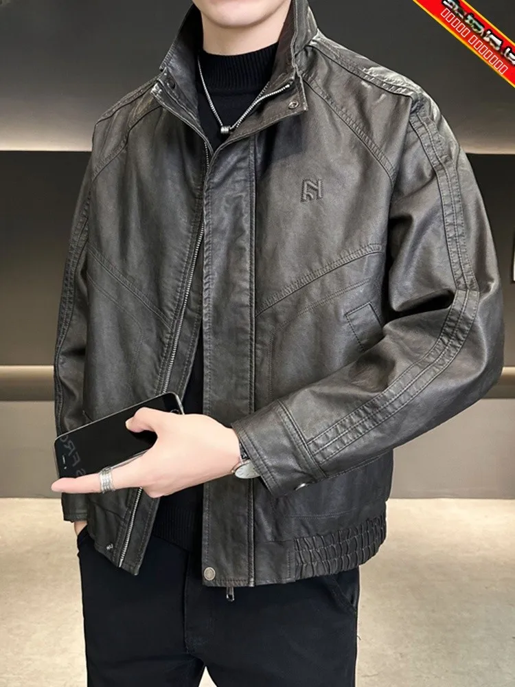 

Men's eepskin Leather Jaet Stand Collar Biker Sle Faion Urban Casual Long Sve Zipper Closure Color Coat