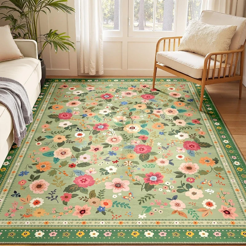 

Ковер для гостиной, нескользящий, мягкий, удобный, машинная стирка, светло-зеленый с цветочным принтом, для спальни, домашний декор