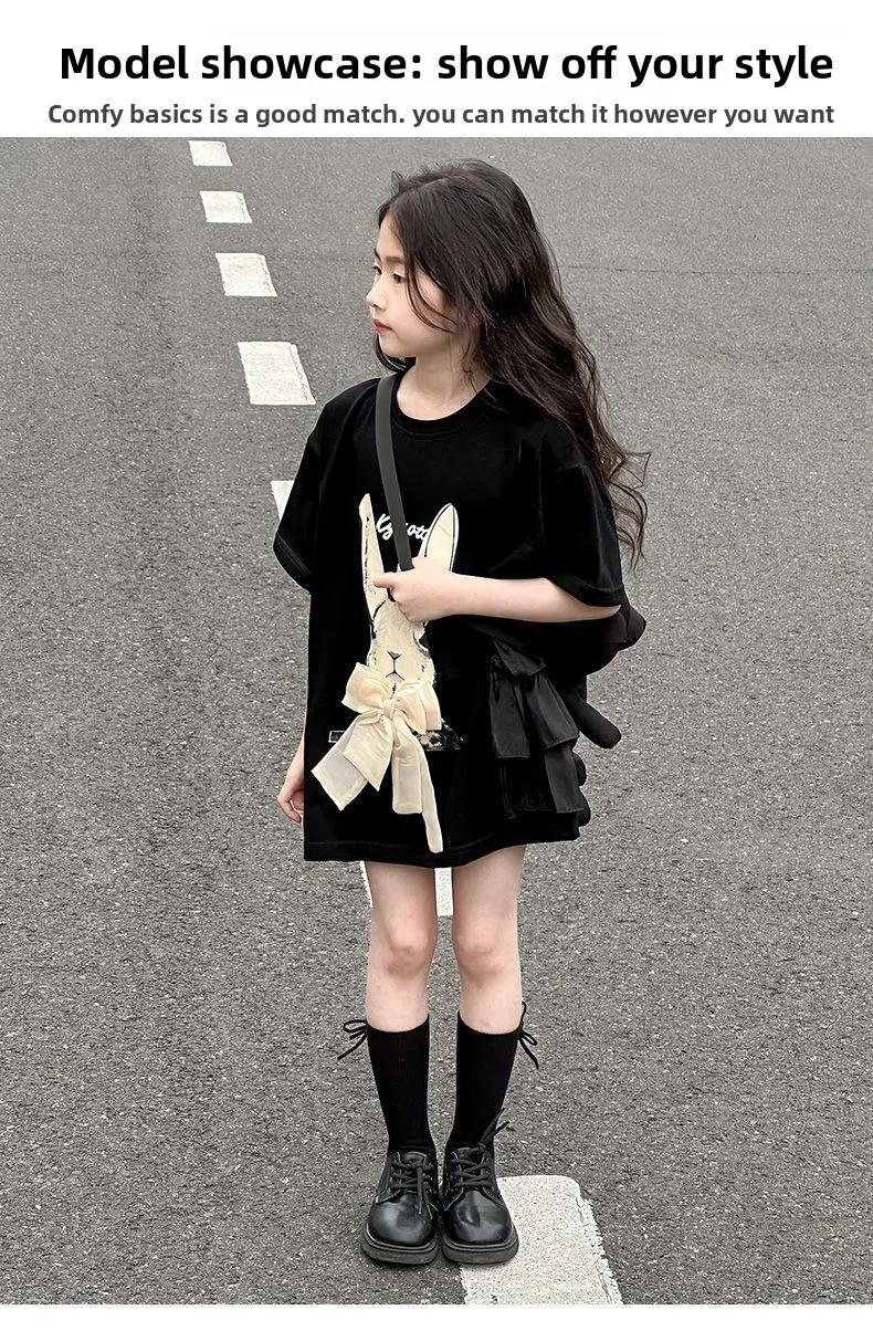 2026 Neues Sommer-T-Shirt-Kleid für Mädchen mit Hasen-Print und Schleife, lockeres langes Kinder-T-Shirt-Oberteil für Mädchen von 5-16 Jahren – Detail 7