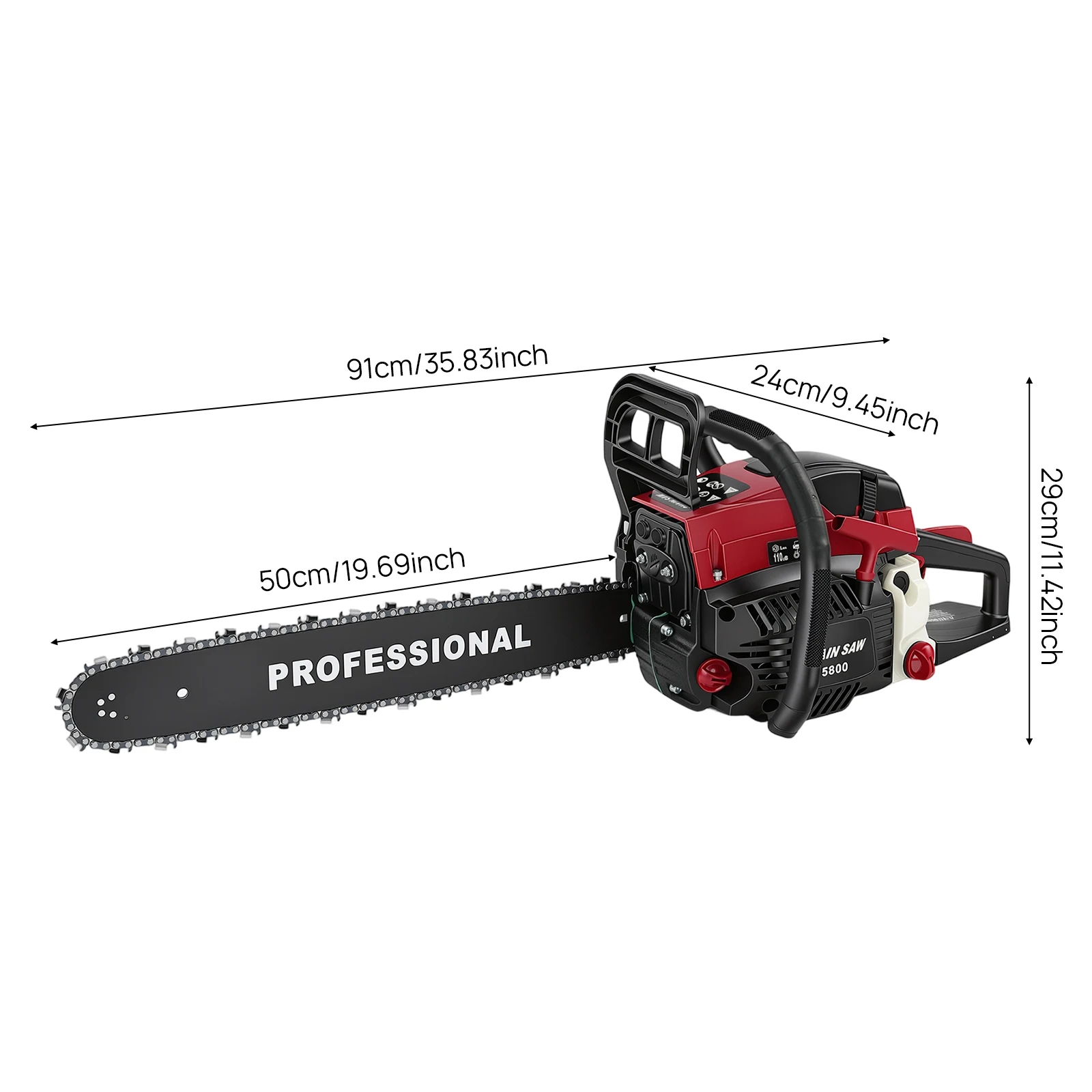 58cc 2‑Stroke Gasoline Chainsaw 2.4KW 20 Inch Mn Steel Guide Bar Single Cylinder Wood Cutting Saw with Dual Safety Switch