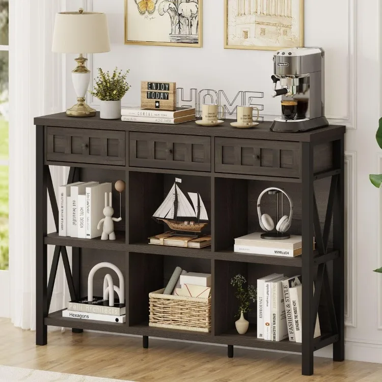 Rustic 6 Cube Storage Organizer Shelf with 3 Drawers, Long Horizontal Bookshelf, Industrial Wood and Metal Cubby Bookcase