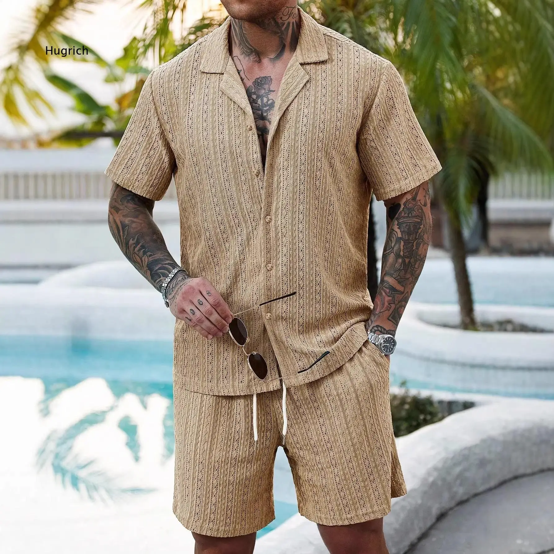 Mens Summer Matching Set Lapel Collar Short Sleeve Hollow Button Front Shirt And Drawstring Waist Casual Short Pants Outfit