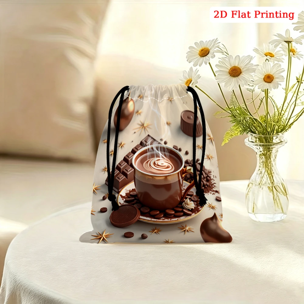 1Pc Coffee Theme Drawstring Bag Brown Chocolate Cup Print Storage Small Pouch For Glasses Cosmetics Travel Organizer Portable