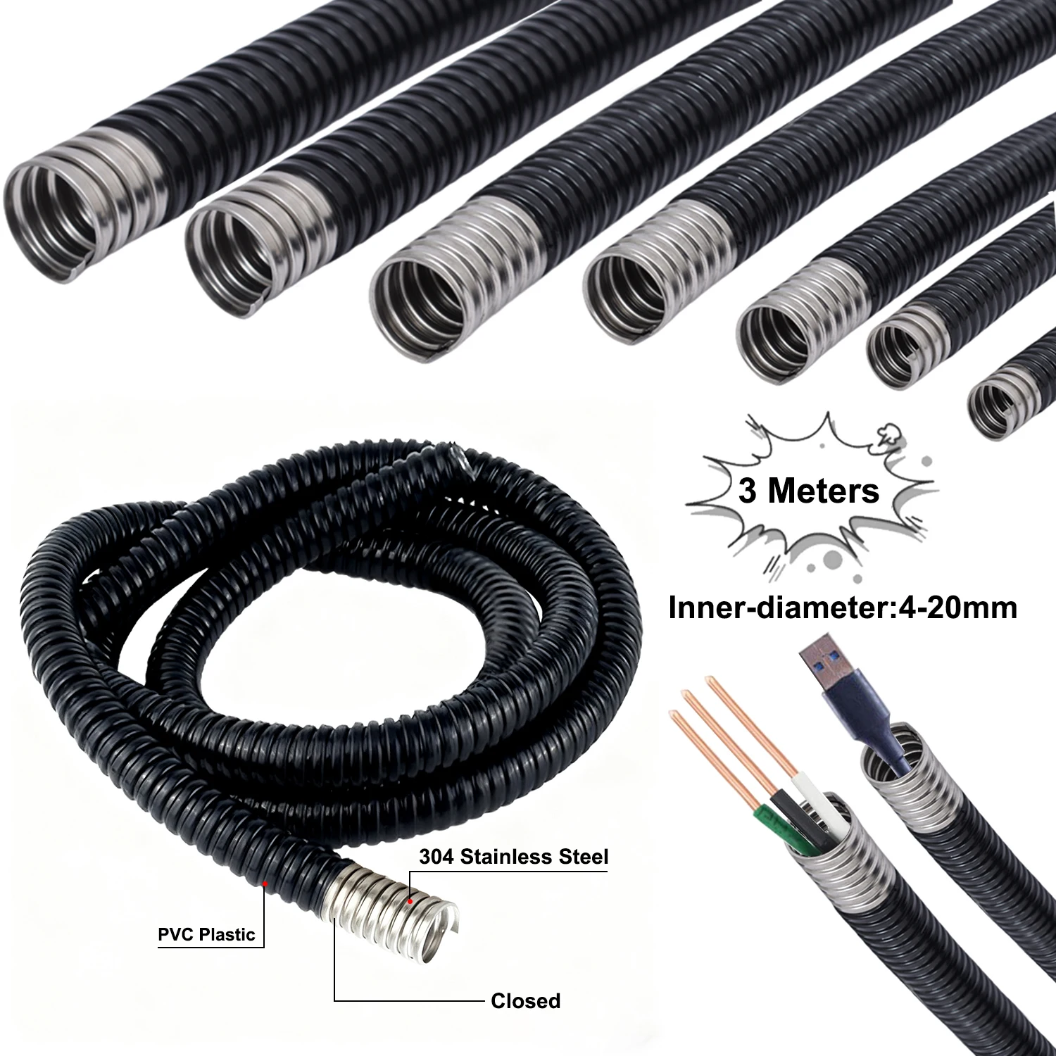 1/2pc Flexible Metal Conduit,4-20mm Liquid Tight PVC Coated 304 Steel,Corrugated Tube for Indoor Outdoor Cable Protection 3meter