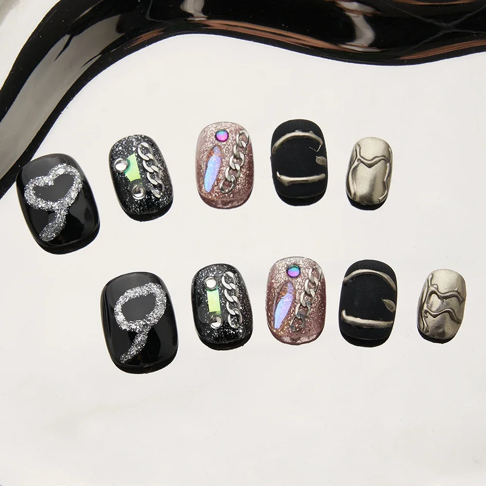 

10pcs Chic Press-On Nails Set, Pink & Black Color Block with Heart Pattern Square Shape Removable Nail Stickers for Women/Girls