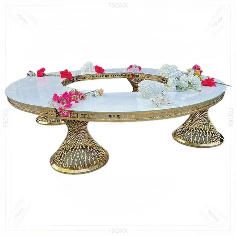 FSDKX Luxurious Event Gold Stainless Steel Serpentine Dining Tables Round for Wed