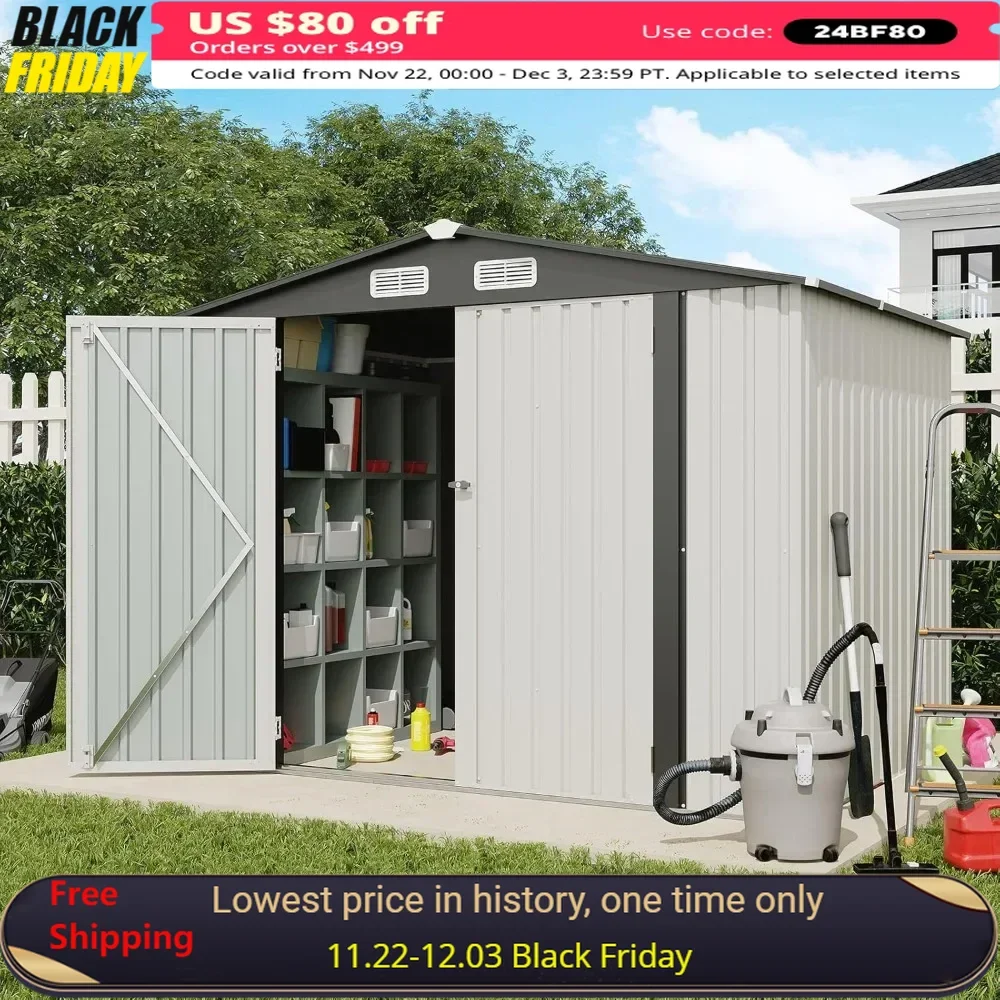 

8x6 FT Outdoor Storage Shed, Galvanized Steel Metal Garden Shed, Double Door W/Lock, Outdoor Storage Tool House